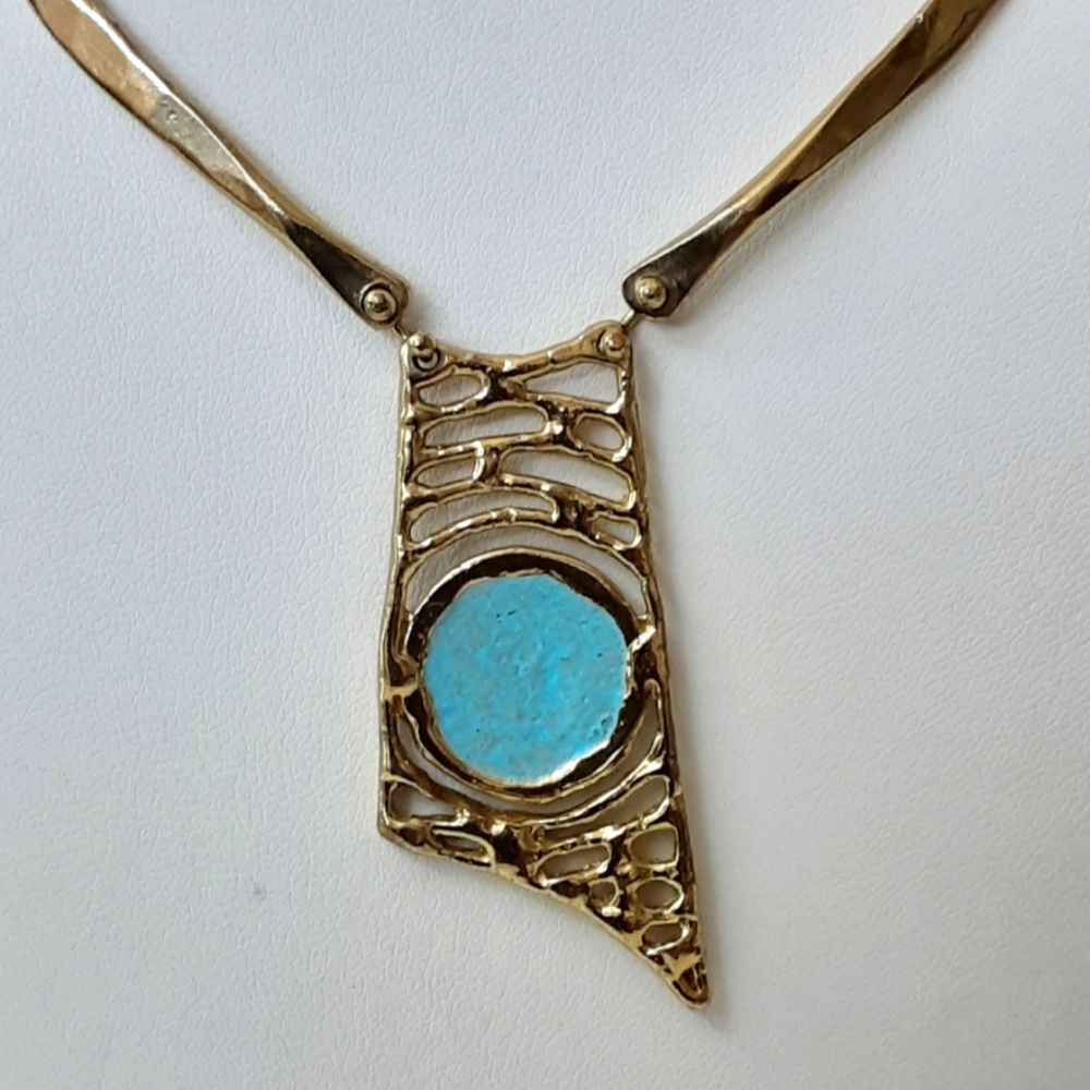 ANNE DICK Modernist|Brutalis Hammered Bronze Tiffany Blue Inlay Pendant Necklace - Picture 2 of 10